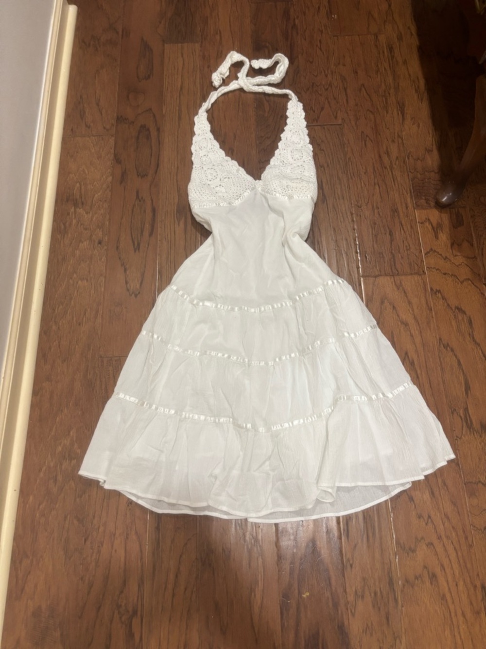 Y2K B Darlin White Crochet Halter Mini Dress Fairycore Ren Fair Boho - Picture 4 of 13